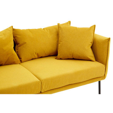 A modern kolding two seater yellow sofa with plush cushions made of mustard-yellow corduroy and sleek black legs