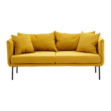 A modern kolding two seater yellow sofa with plush velvet cushions and sleek black metal legs