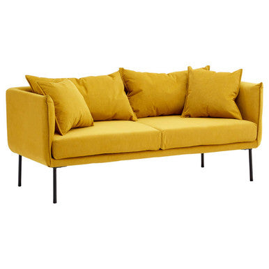 Modern kolding two seater yellow sofa with mustard velvet upholstery black metal legs and matching throw pillows