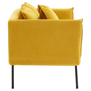A vibrant mustard-yellow velvet kolding two seater sofa with sleek black metal legs and a modern minimalist design