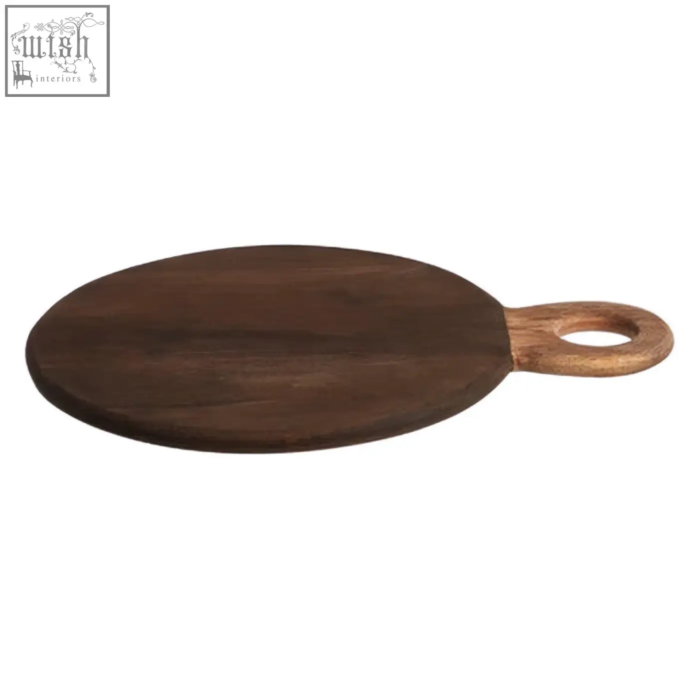 Dark brown oval mango wood chopping and serving board with handle perfect for wood chopping tasks