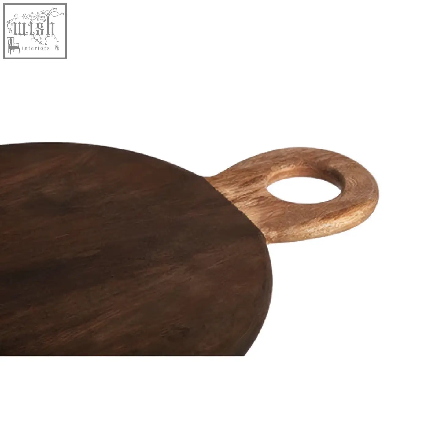 Dark brown mango wood chopping board with smooth polished surface and handle with oval hole for easy carrying