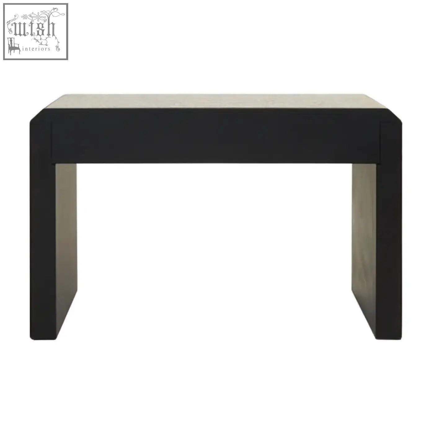 Black rectangular komo console table with matte smooth surface and sturdy blocky legs for modern living space