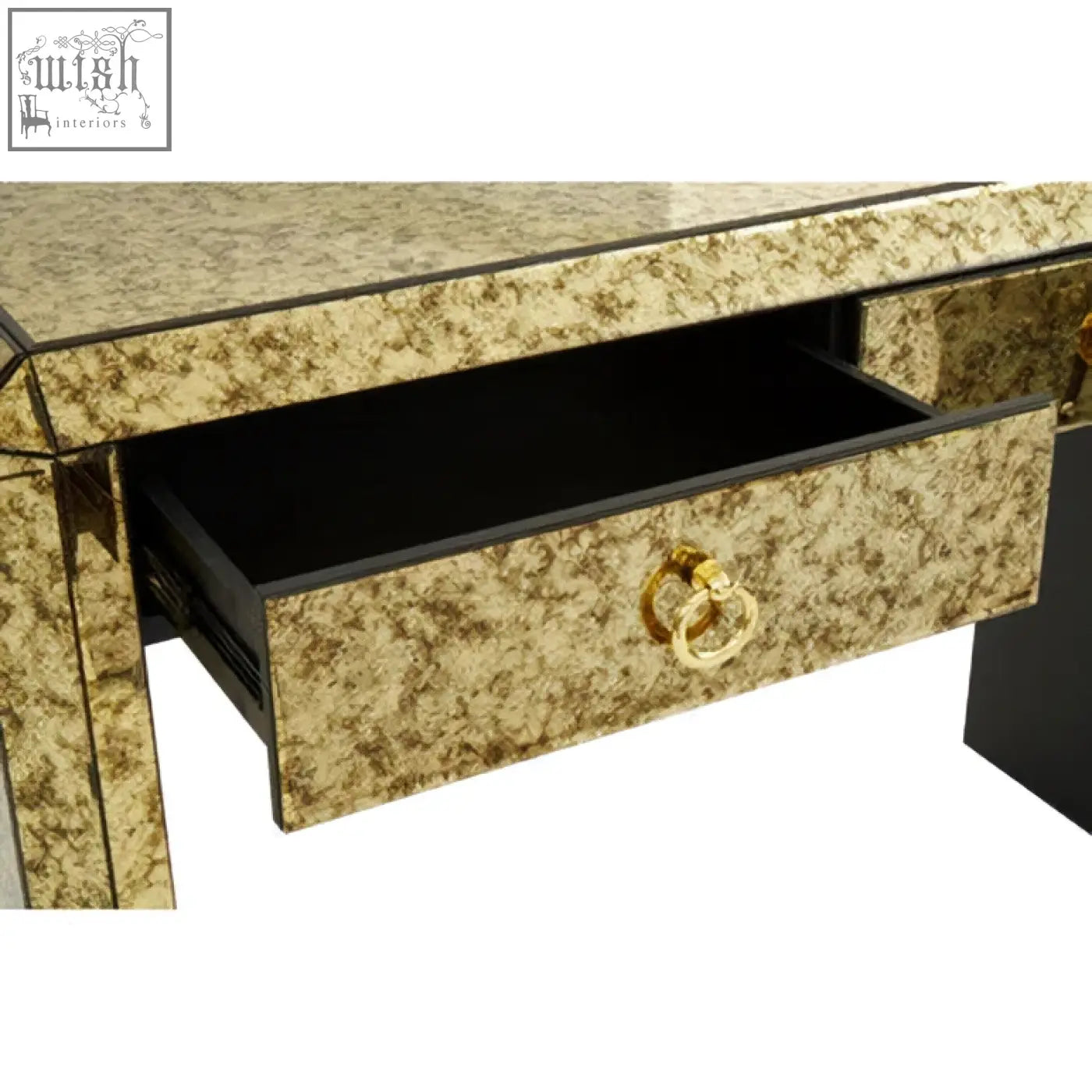 Gold-toned mirrored komo console table with black interior drawer and ornate gold ring handles for stylish storage