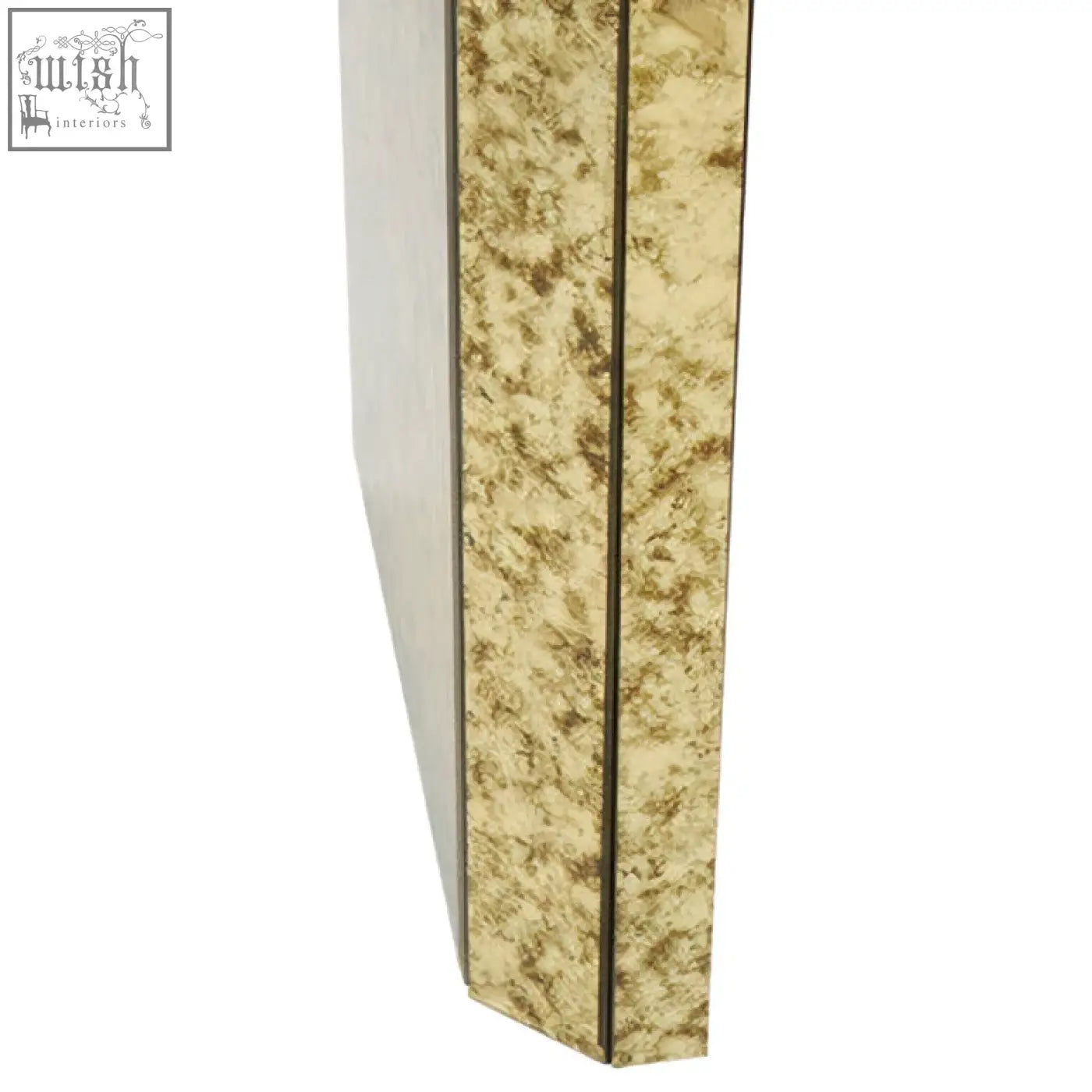 Gold-toned mirrored frame with textured mottled finish on the komo console table for stylish decor accents