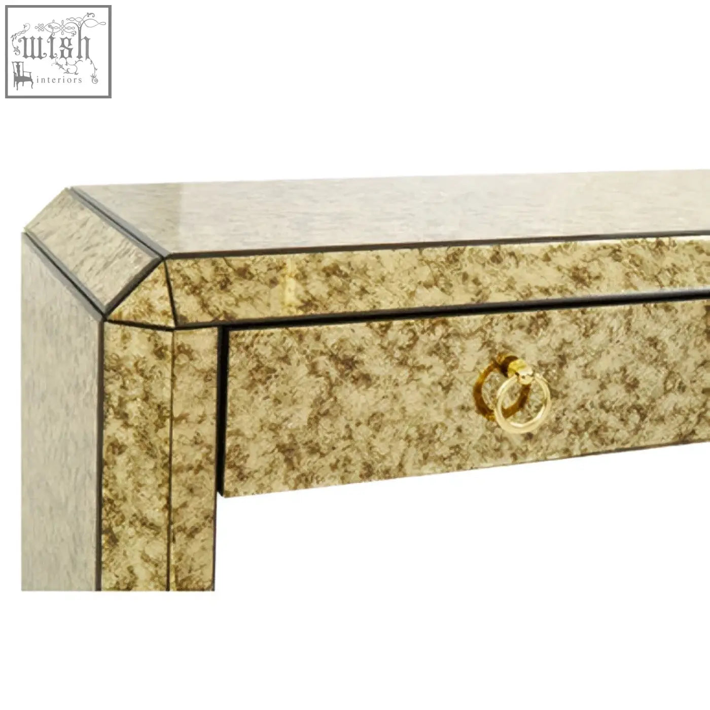 Gold-toned mirrored komo console table with speckled textured finish and circular ring pull drawer handle