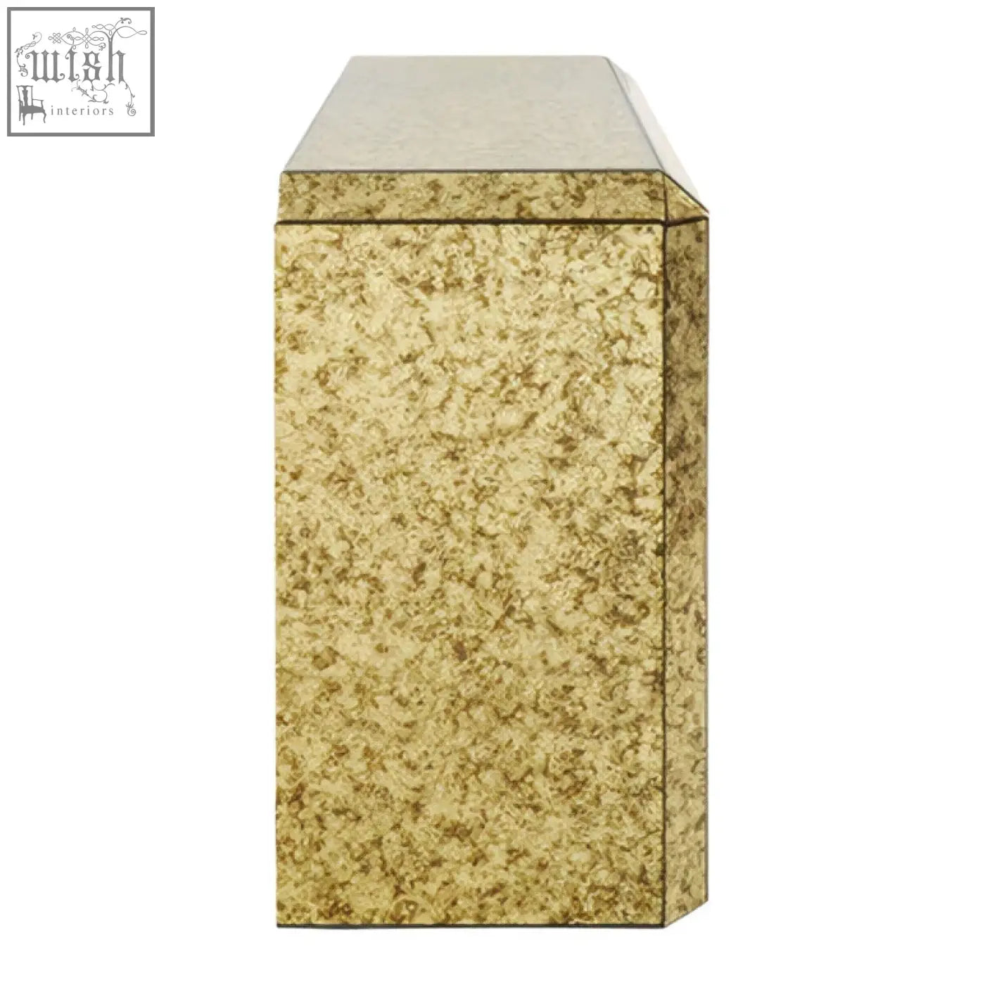 Gold-toned mirrored komo console table with textured speckled finish and slightly raised rectangular top