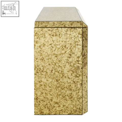 Gold-toned mirrored komo console table with textured speckled finish and slightly raised rectangular top