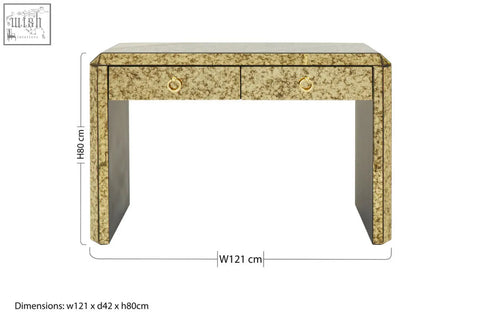 Gold-toned mirrored komo console table with two drawers and circular brass handles for stylish storage
