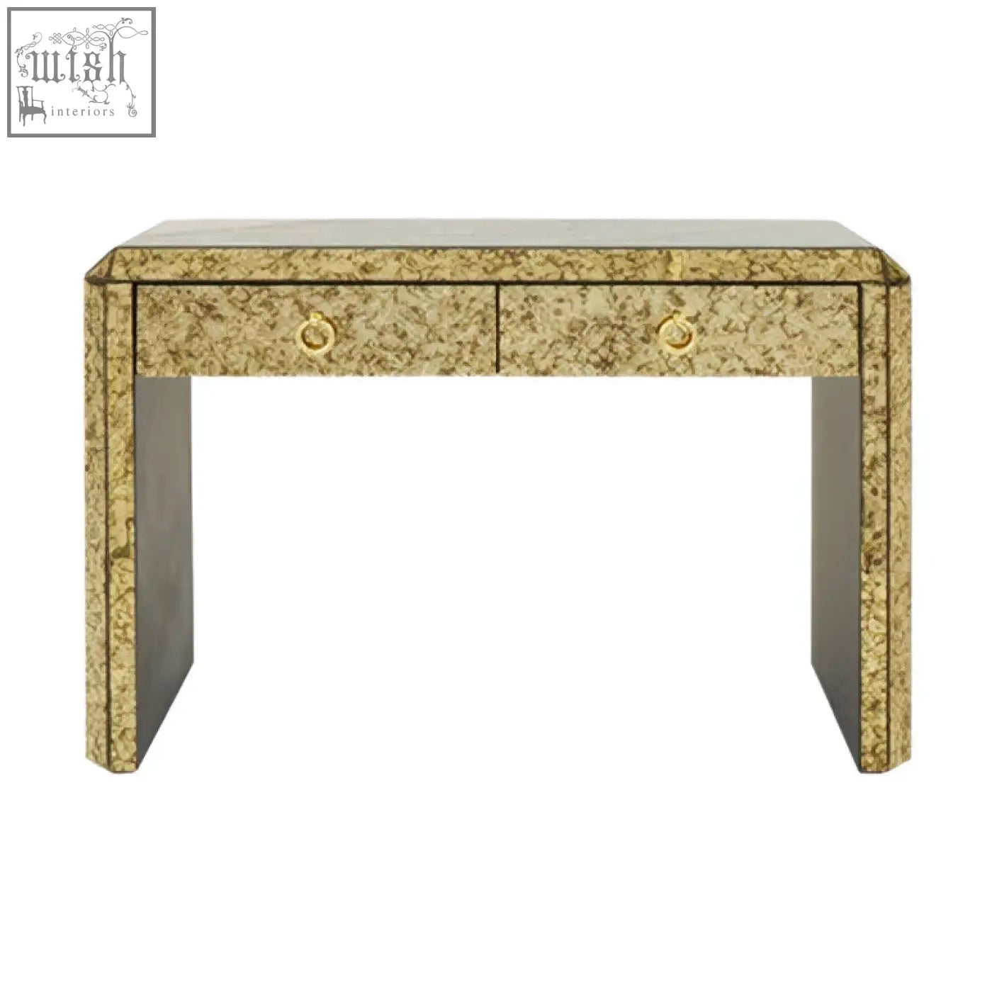 Gold-toned mirrored komo console table with two drawers and circular brass handles for stylish storage