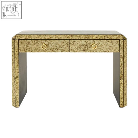 Gold-toned mirrored komo console table with two drawers and circular brass handles for stylish storage