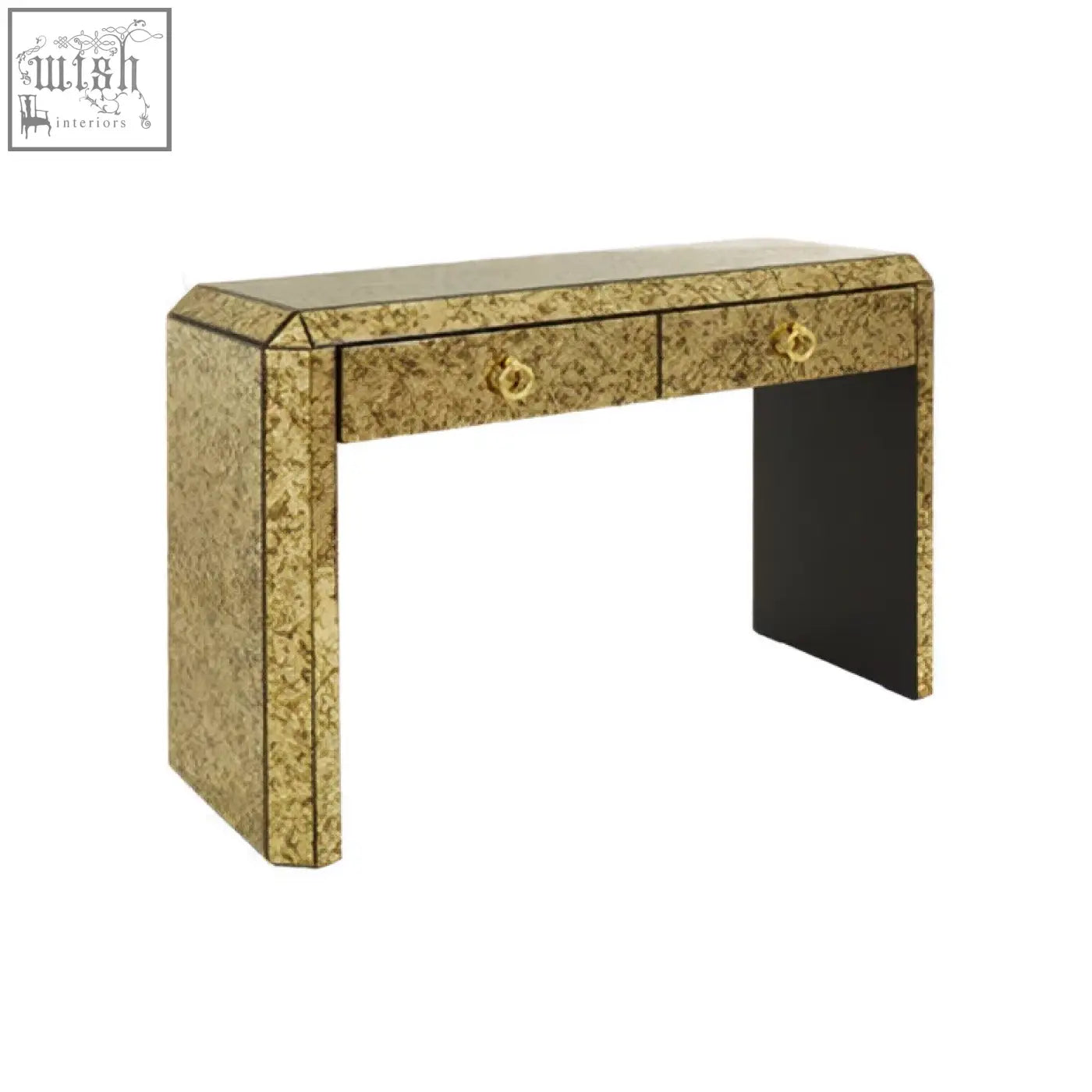 Gold-toned komo console table with mosaic textured surface and two drawers with circular brass handles