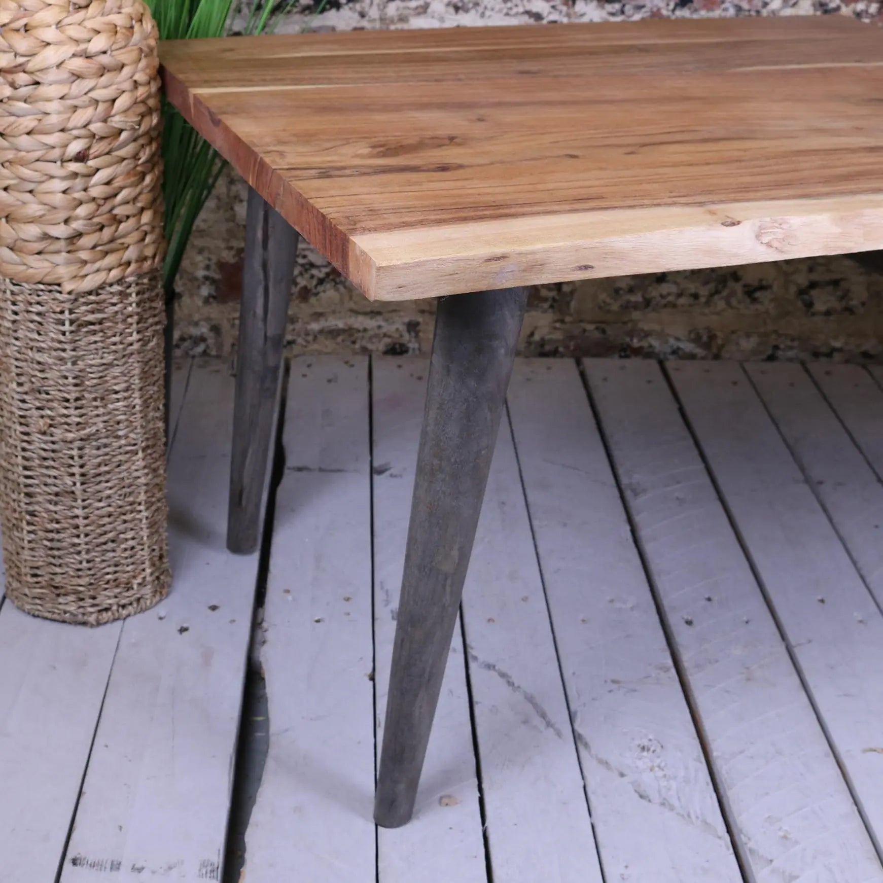 Rustic koptuli living edge coffee table with dark metal legs made of mango wood and natural living edge design