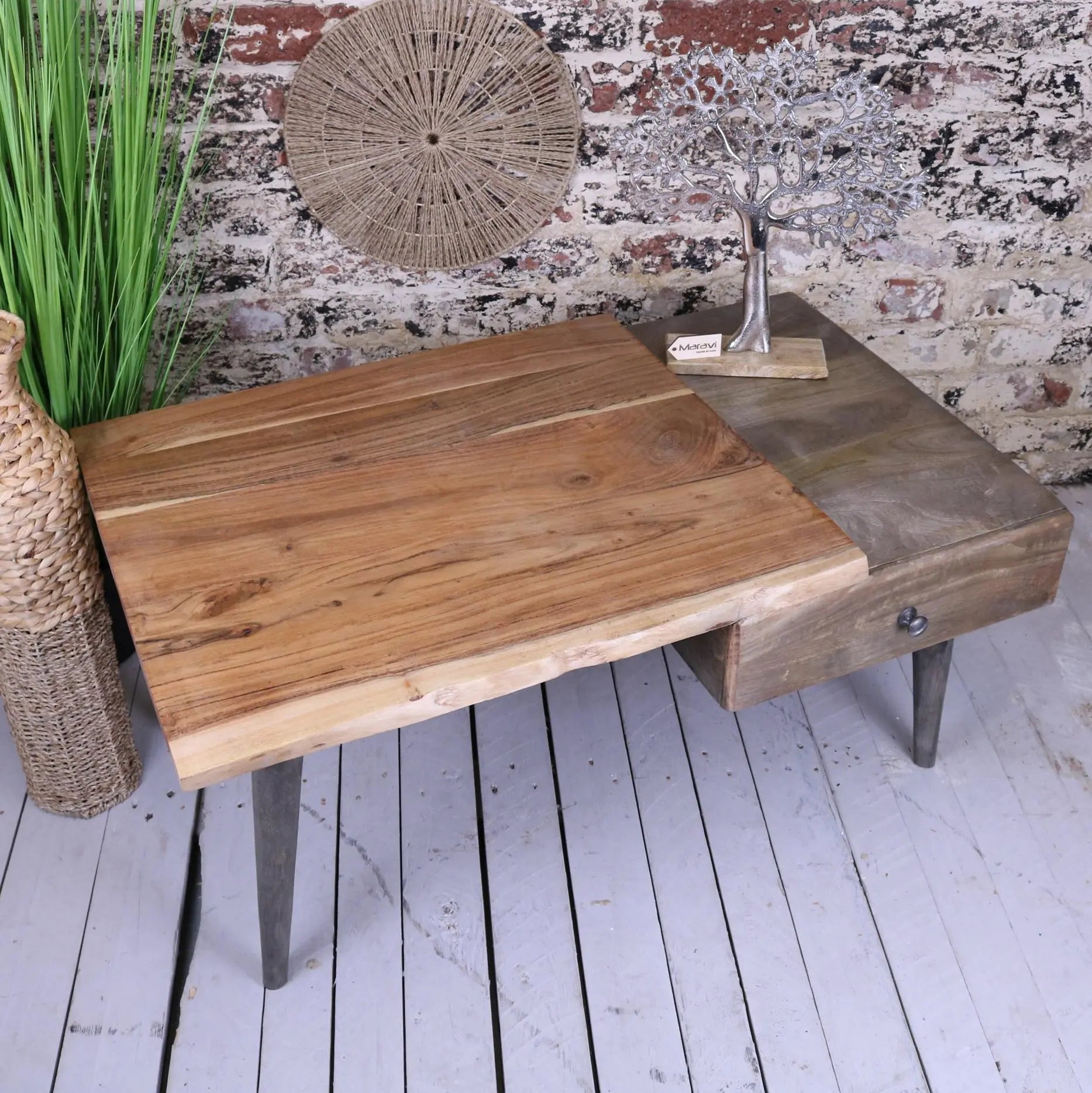 Rustic koptuli living edge coffee table with live-edge mango wood top and black metal legs for cozy living rooms