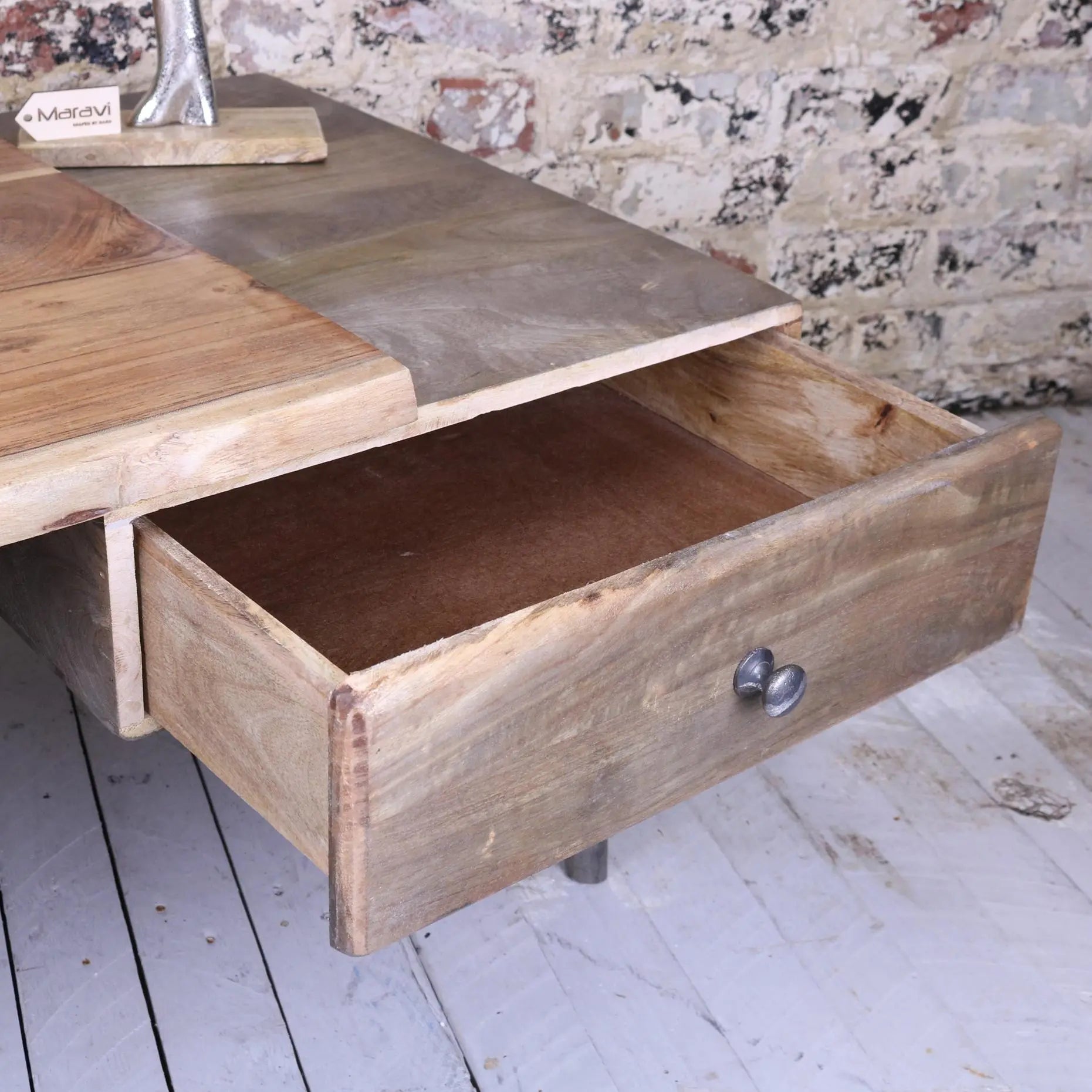 Rustic koptuli living edge coffee table in mango wood with a single drawer and silver knobs for stylish storage