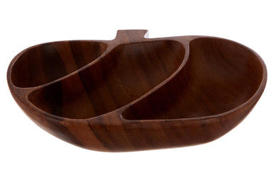 Brown wooden kora acacia apple-shaped serving dish with three compartments for snacks or appetizers