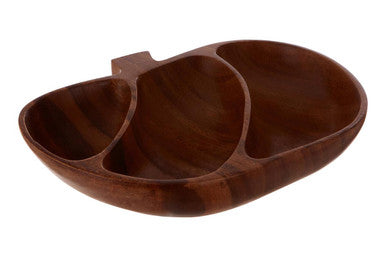 Brown wooden kora acacia apple-shaped serving dish with three compartments for easy serving and entertaining