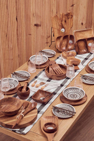 Handcrafted kora acacia serving dish with 3 sections apple-shaped with a natural rustic finish and rounded edges