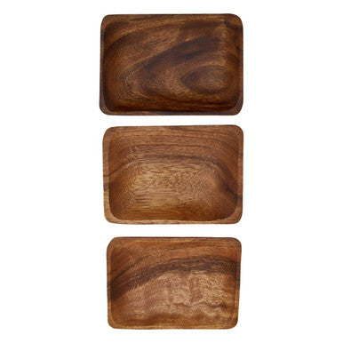 Set of three rectangular acacia wood serving dishes with warm brown finish and visible wood grain patterns