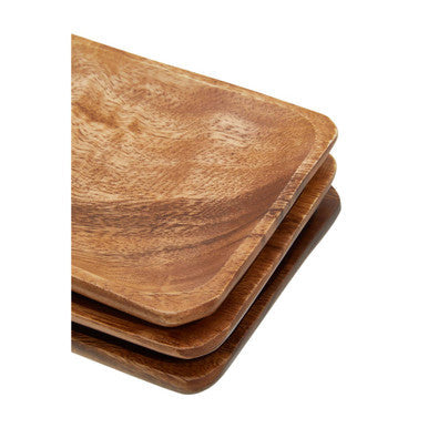 Stacked square wooden acacia wood serving dishes in warm natural brown finish with visible wood grain for serving