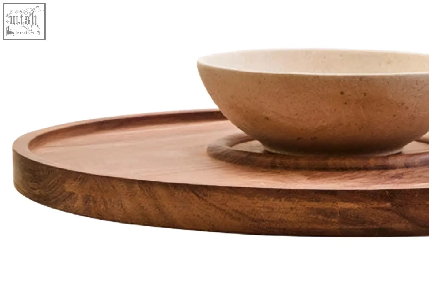A warm acacia wood chip and dip platter with cream marble bowl and matching circular tray showing natural grain