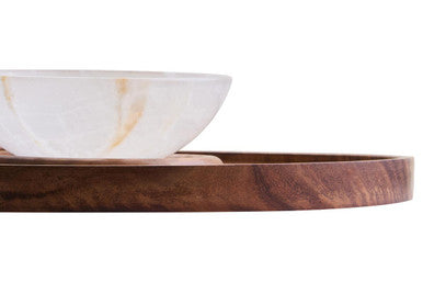 A white marble onyx chip dip platter with subtle gold veining on a dark acacia wood tray perfect for serving snacks