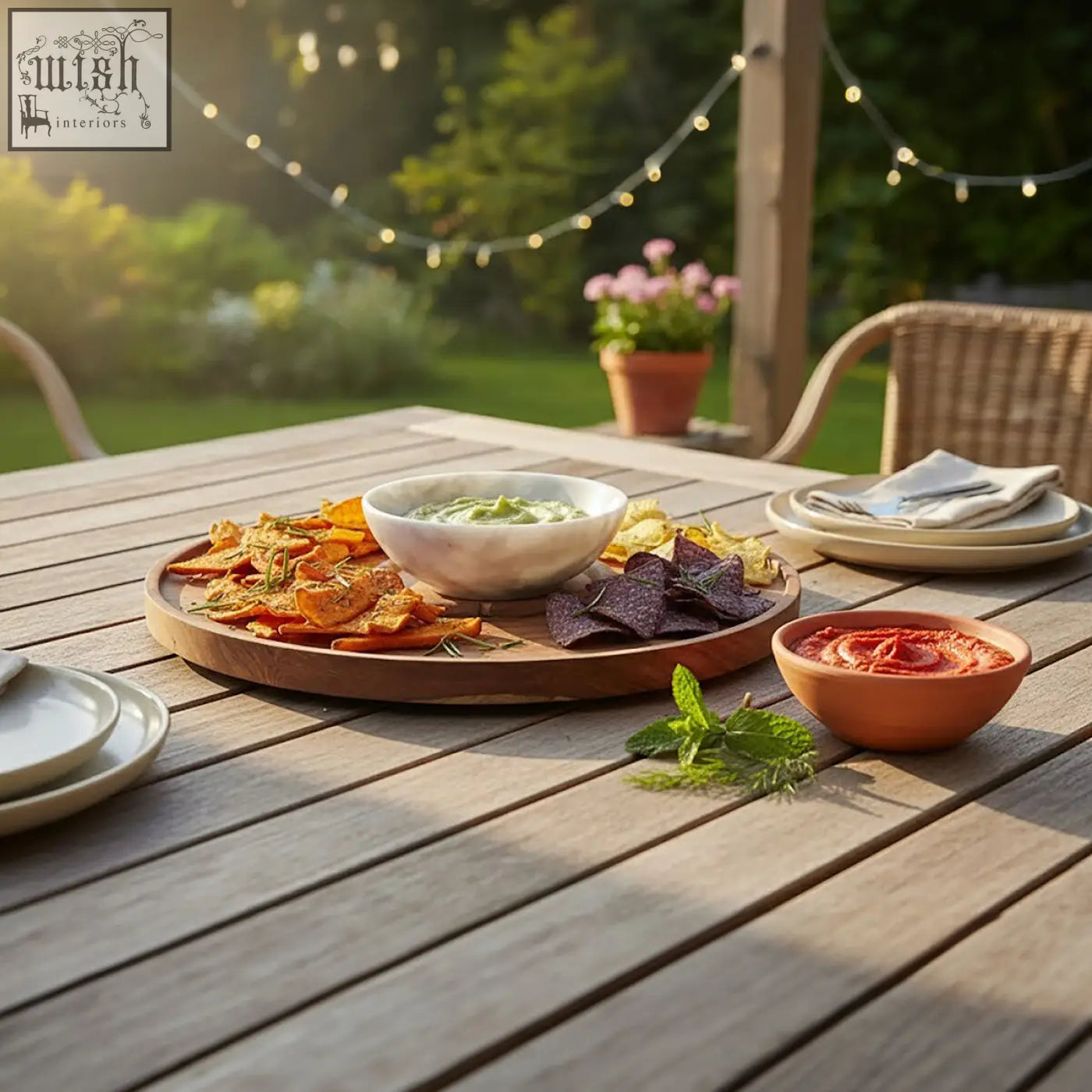 Round wooden serving tray with kora acacia wood and white marble chip section holding chips and guacamole bowl
