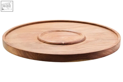 Round wooden serving tray with central recessed circle in kora acacia wood and white marble chip chip and dip platter