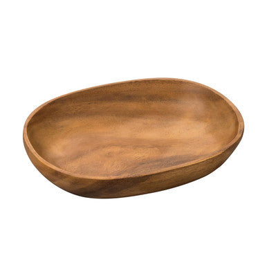 Kora acacia wood oval serving dish with a smooth warm brown finish and natural wood grain texture