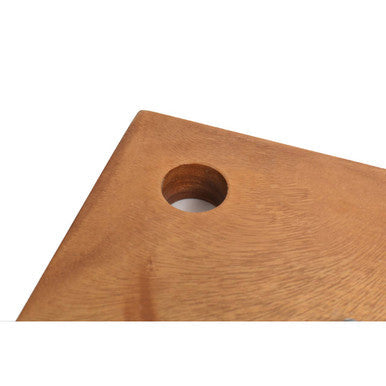 Light brown dark acacia rectangular chopping and serving board with a circular hole near the corner for easy handling