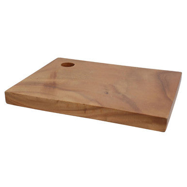 Rectangular wooden serving board in natural light brown with visible grain and round hole for kora dark acacia rectangular chopping use