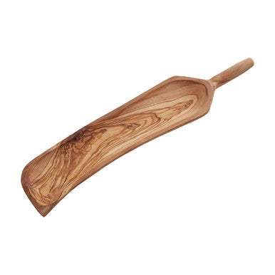 Light brown kora olive wood curved paddle serving board with smooth natural wood grain and gently curved handle