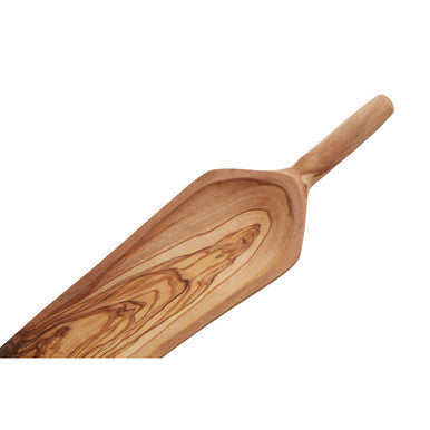 Kora olive wood curved paddle serving board with smooth light brown wood grain perfect for serving pizza
