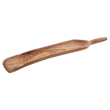 Light brown olive wood curved paddle serving board with long handle and natural wood grain pattern by kora olive wood