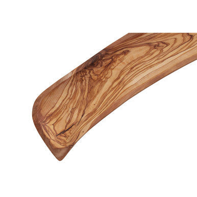 Kora olive wood curved paddle serving board with light brown finish and prominent grain patterns