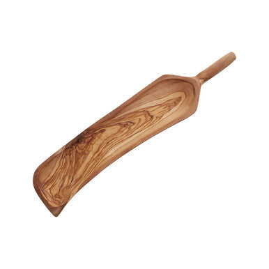 A sleek handcrafted olive wood curved paddle serving board with natural grain and smooth polished finish