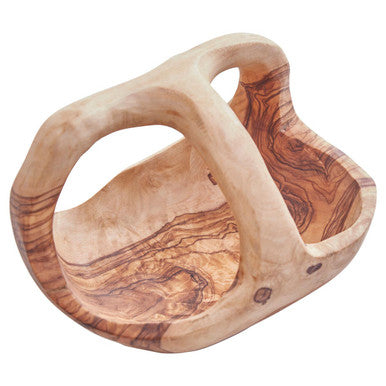 Handcrafted kora olive wood fruit bowl with rustic finish and swirling grain patterns perfect for wood fruit display