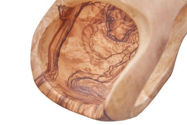 Handcrafted kora olive wood fruit bowl with natural swirling grain patterns and smooth polished finish