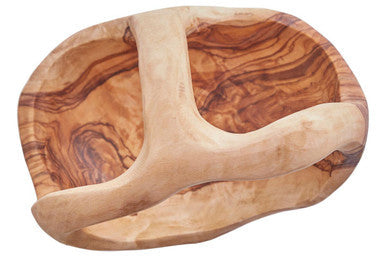Handcrafted kora olive wood fruit bowl with natural swirling brown and tan patterns perfect as a wood fruit bowl
