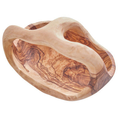 Handcrafted kora olive wood fruit bowl with smooth natural finish and flowing organic curves for wood fruit display