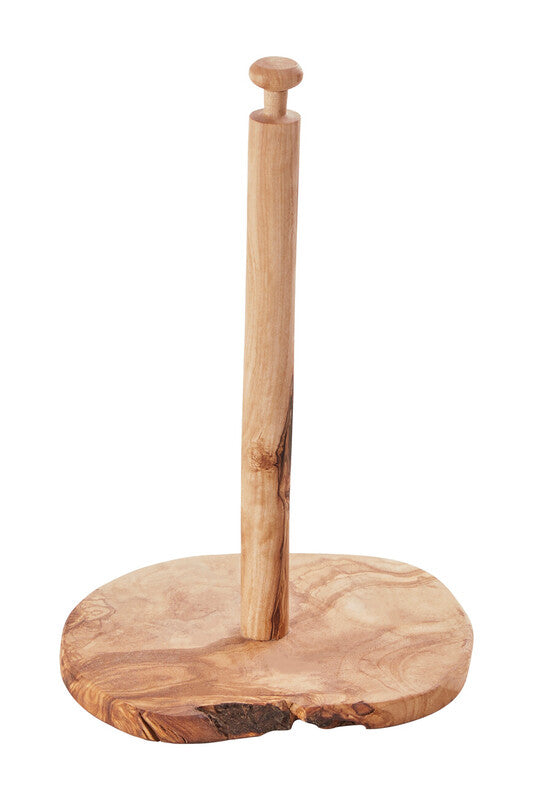 Natural kora olive wood kitchen roll holder with smooth light brown finish and visible olive wood grain patterns