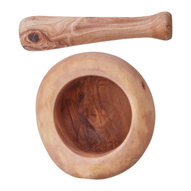 Kora olive wood mortar and pestle set with smooth natural finish made from handcrafted olive wood wood mortar