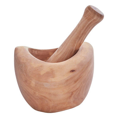 Kora olive wood mortar and pestle set in light brown with smooth rounded bowl and matching wood handle