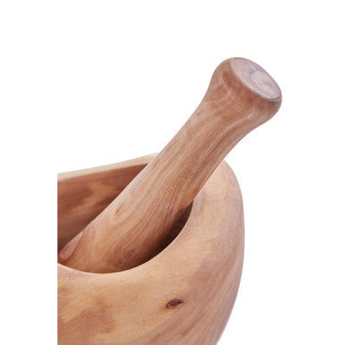 Kora olive wood mortar and pestle set with light brown wood mortar and smooth rounded handle for grinding tasks