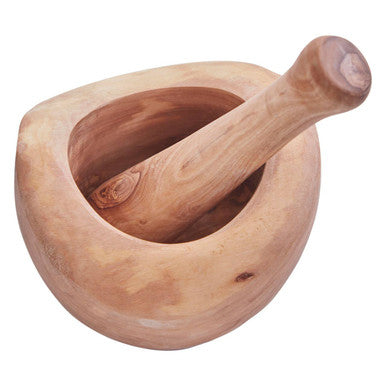 Kora olive wood mortar and pestle in smooth light brown wood mortar with rounded handle for easy grinding