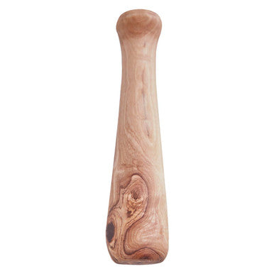 A smooth light brown olive wood muddler with tapered handle and natural grain for kora olive wood mortar use