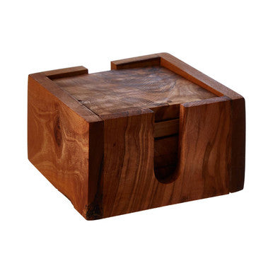 Brown wooden coaster holder with natural wood grain finish for kora set of 4 olive wood square coasters