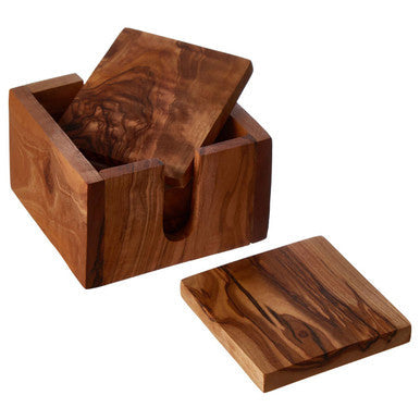 Set of 4 olive wood square coasters with natural grain in a matching wooden box featuring warm brown tones