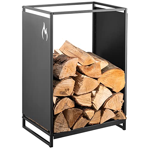 Black metal heavy duty firewood log holder with matte black coating and flame logo for indoor or outdoor use