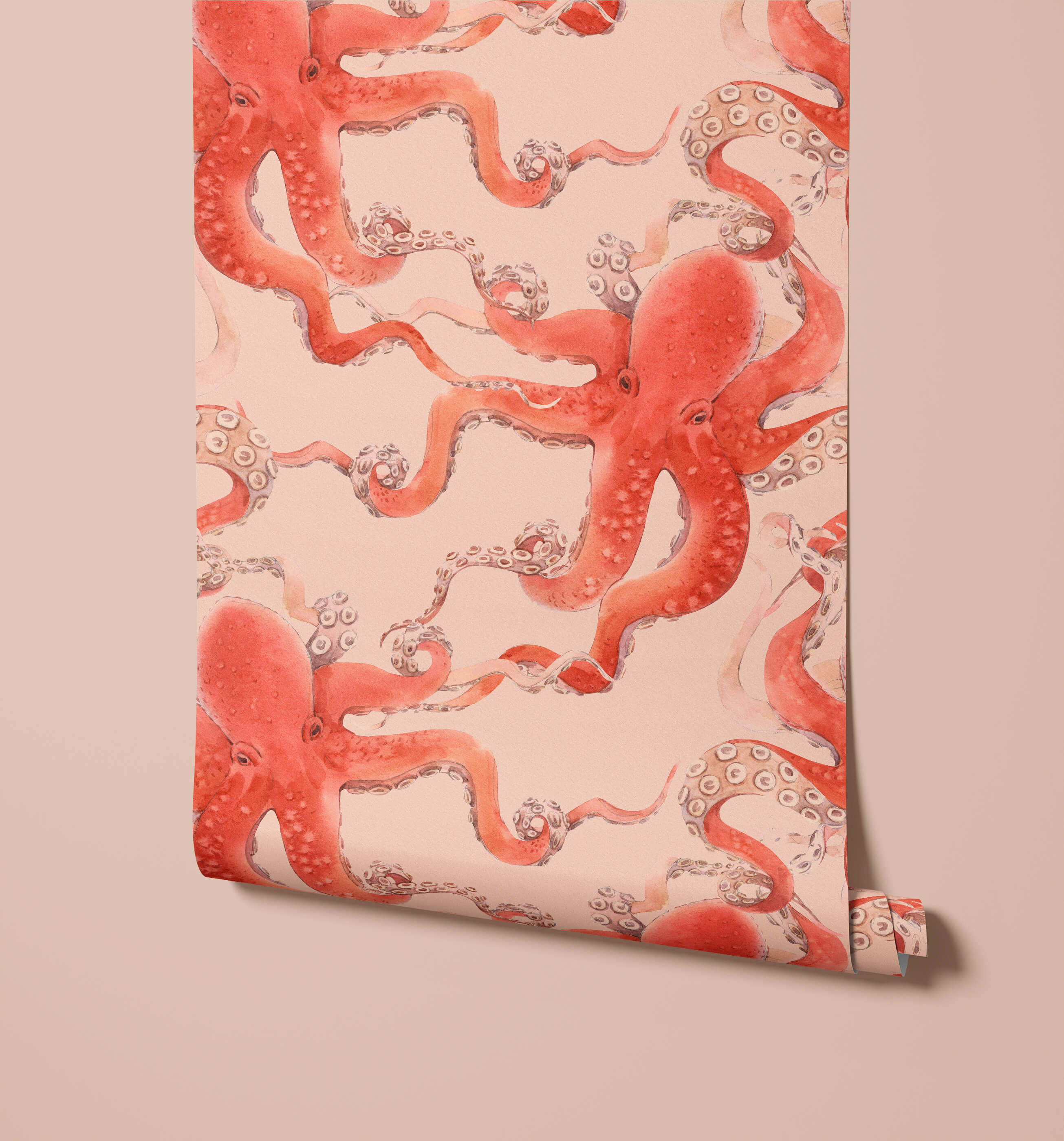 Roll of coral-colored octopus wallpaper with soft watercolor-style red octopus pattern on off-white background kos